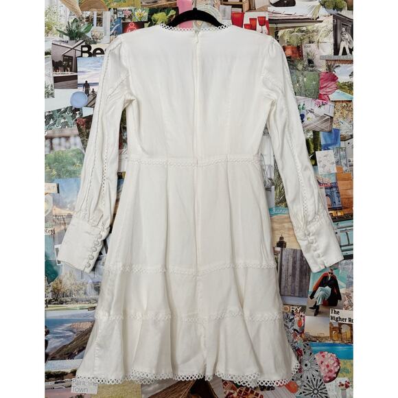 White Bardot Crochet V-Neck Mini Dress with Flounce Hem US 6 - Picture 5 of 10